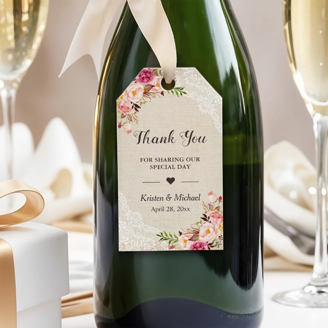 Rustik Blommigt Burlap Snöre-bröllopsförmån Tack Presentetikett (Skapare uppladdad)