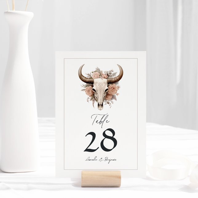 Rustik Blommigt Cow Skull Bröllop Bordsnummer (Rustic Floral Cow Skull Wedding Table Number)