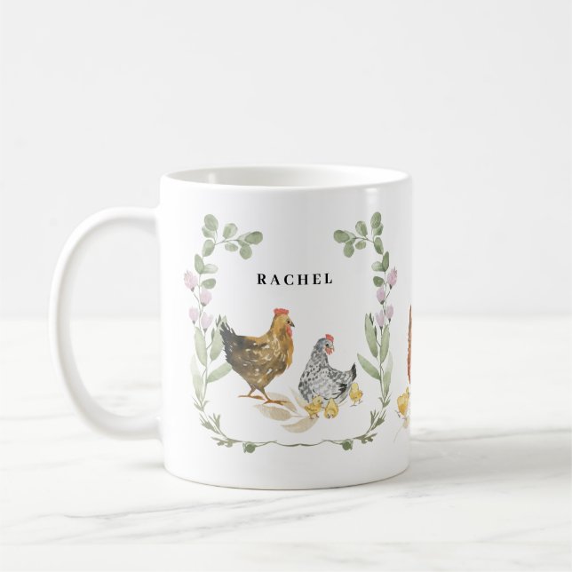 Rustik Blommigt Cute Chicken Monogram Namn Mugg (Vänster)