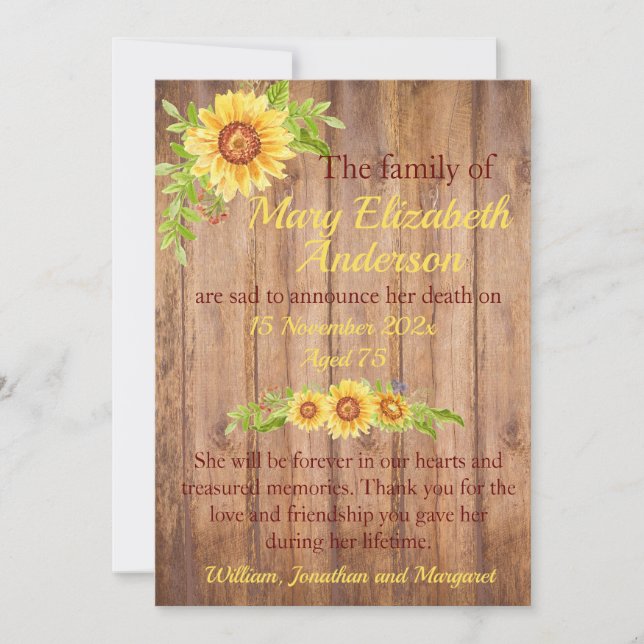 Rustik Blommigt Död och begravningsannonsering Meddelande (Framsida)