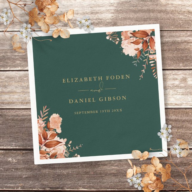 Rustik Blommigt Emerald Grönt och Guld Bröllop Pappersservett (Rustic Floral Emerald Green And Gold Wedding Napkins)