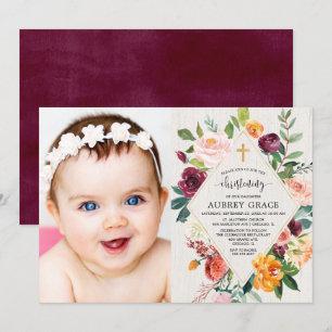 Rustik blommigt faller vattenfärg Christening-foto Inbjudningar