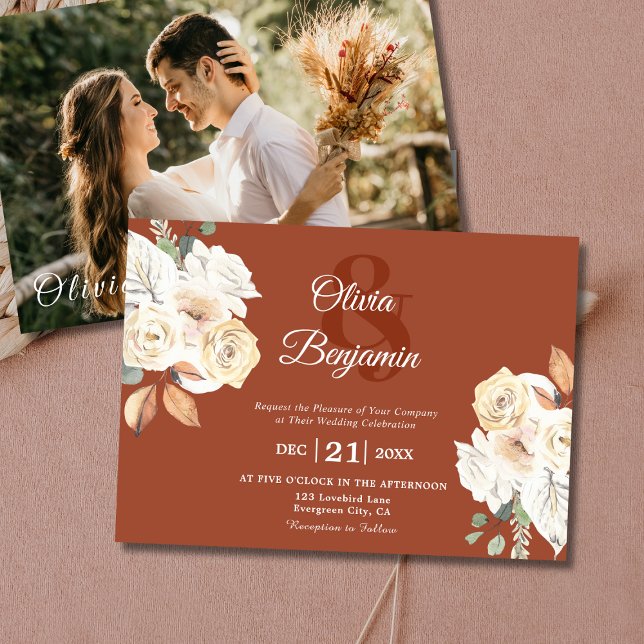 Rustik Blommigt Foto Burnt Orange Bröllop Inbjudningar (Rustic Floral Photo Burnt Orange Wedding Invitation )
