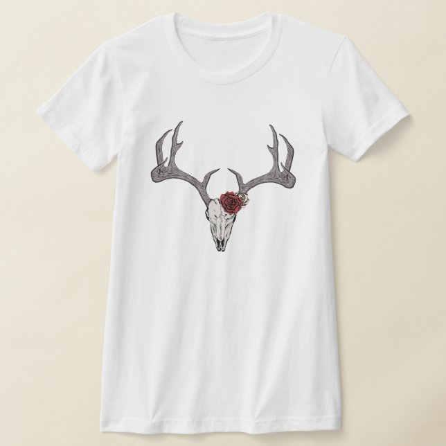 Rustik Blommigt Hjort Reindeer Skull Antlers T Shirt (Laydown)