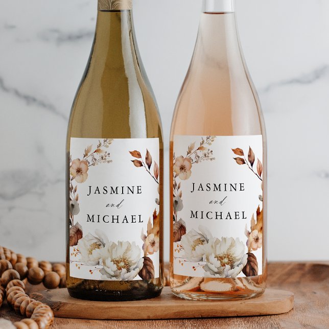 Rustik Blommigt Hösthöns, utandning Bröllop Vinflaska Etikett (Skapare uppladdad)