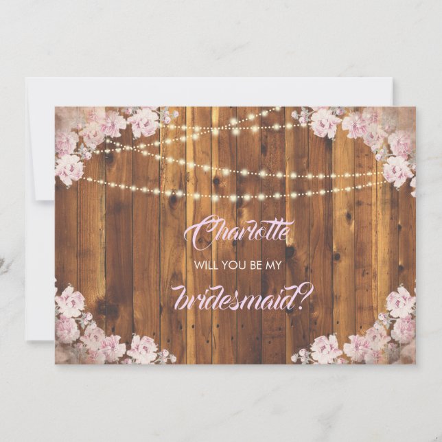 Rustik Blommigt Light Strings Wooden Bridesmaid Ca Inbjudningar (Framsida)