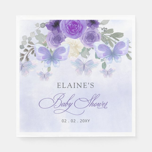 Rustik Blommigt Lila Lilac Butterflies Baby Shower Pappersservett (Framsidan)