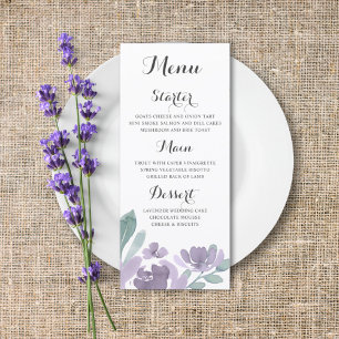 Rustik Blommigt Lila Watercolor Bröllop Menu Meny