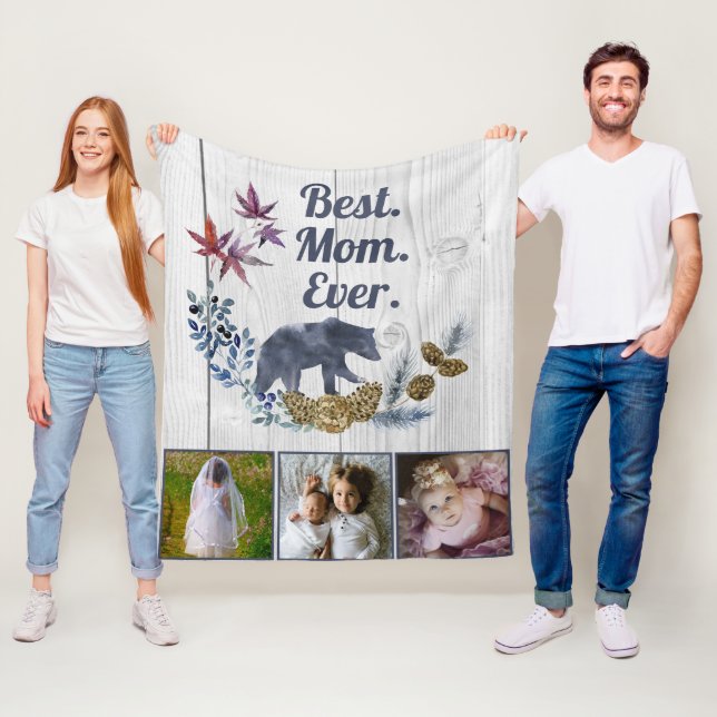 Rustik Blommigt Mamma Bear Mors dag Three Photo Fleecefilt (På plats)