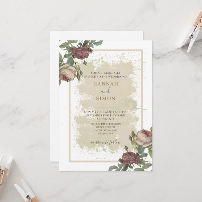 Rustik Blommigt - minimalistisk Burgundy Guld Bröl Inbjudningar (Fram/Back In Situ)