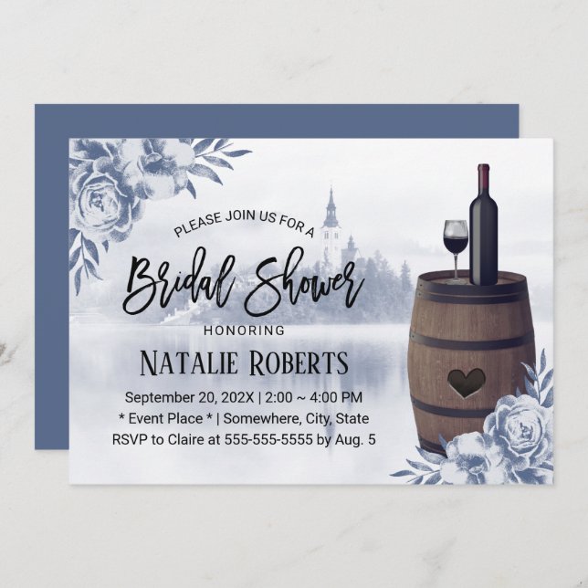 Rustik Blommigt Misty Sjö Vin Barrel Möhippa Inbjudningar (Fram/baksida)