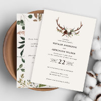 Rustik blommigt- och stag-antlers bröllopsinbjudan