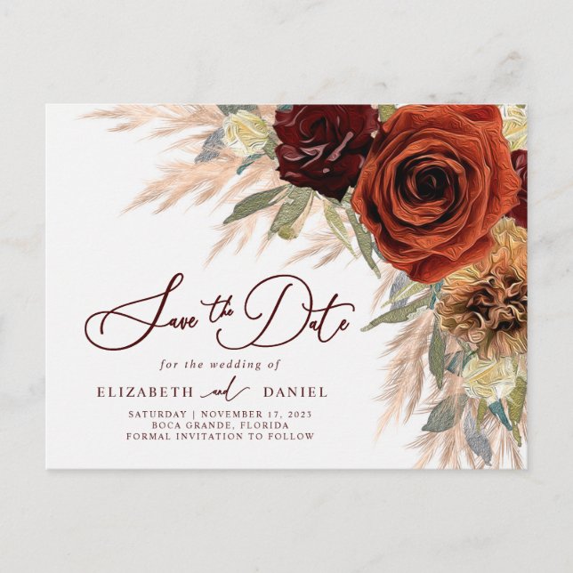 Rustik Blommigt Pampas Grass sparar datumvykortet Vykort (Framsida)