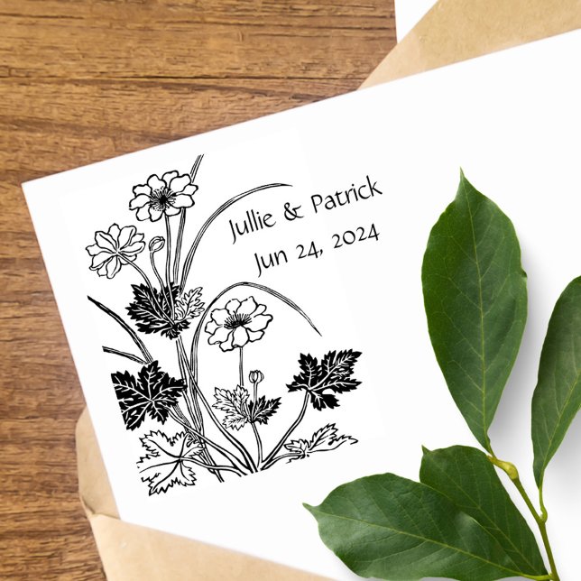 Rustik Blommigt par Bröllop Date Wood Art Frimärke Stämpel (Skapare uppladdad)