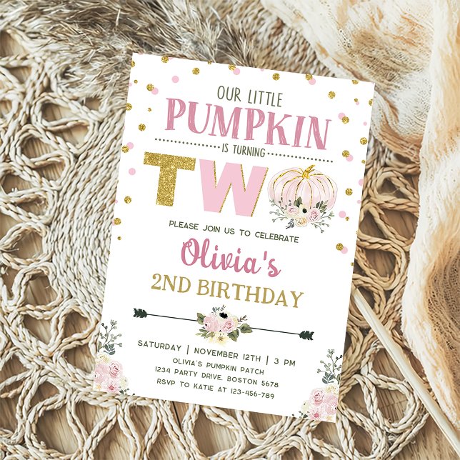 Rustik Blommigt Pumpkin 2:a födelsedagen Party Inbjudningar (Skapare uppladdad)