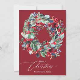 Rustik blommigt, rödmarint blått julkrans julkort