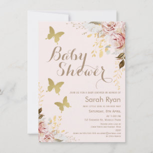Rustik Blommigt Rosa Butterflies Baby Shower Inbjudningar