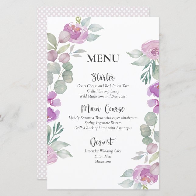 Rustik Blommigt Rosa Watercolor Bröllop Menu (Fram/baksida)