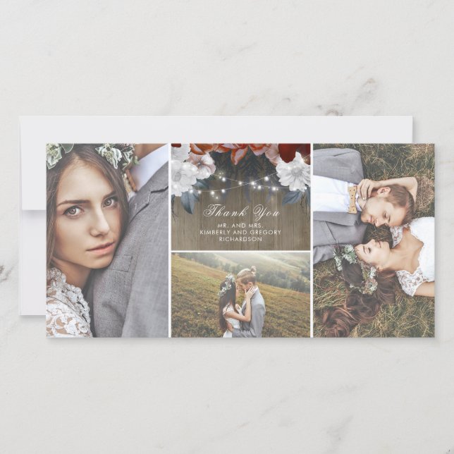 Rustik Blommigt String Ljus Wood Bröllop Tack Kort (Framsida)