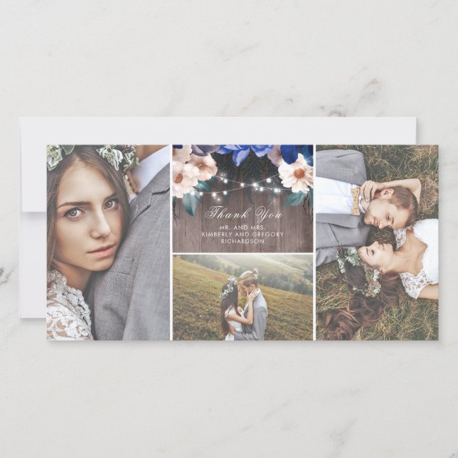 Rustik Blommigt String Ljus Wood Bröllop Tack Kort (Framsida)