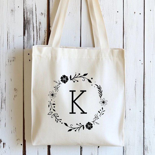 Rustik Blommigt Utandning Monogram Tote Bag Tygkasse (Skapare uppladdad)