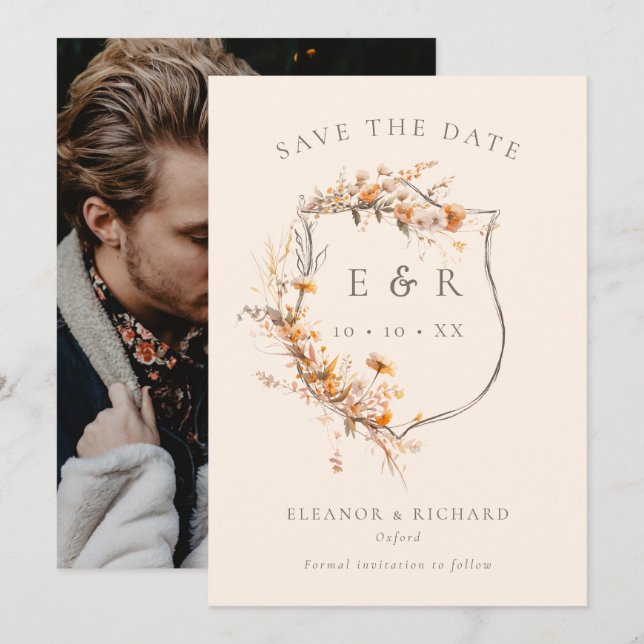 Rustik Blommigt Vapensköld Monogram Fall Wedding P Spara Datumet (Fram/baksida)