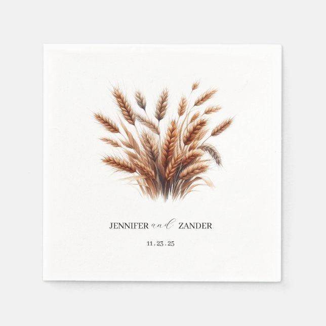 Rustik Blommigt Vatercolor Wheat Elegant bröllop Pappersservett (Framsidan)