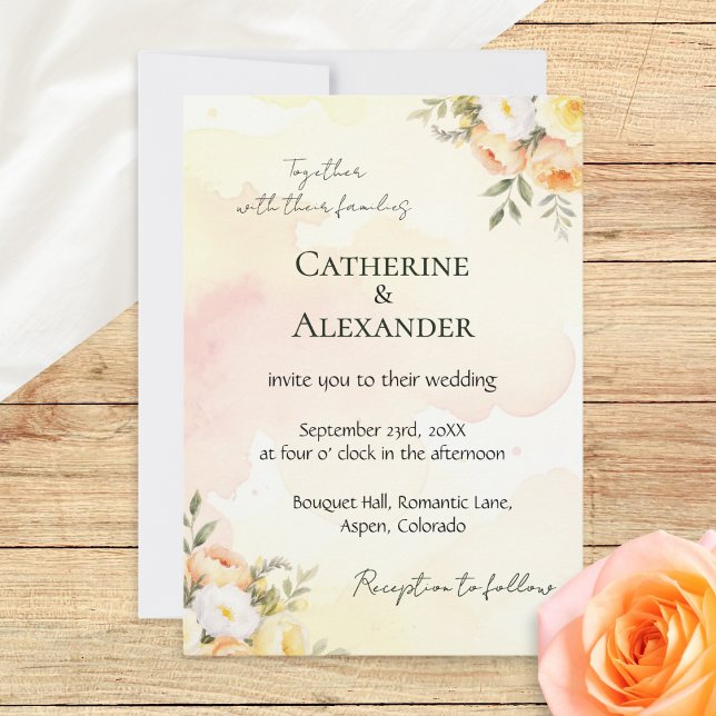 Rustik Blommigt Watercolor Chic Bröllop Inbjudningar (A pretty wedding invitation template with rustic peach, white and yellow roses in a watercolor style)