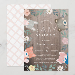 Rustik Blommigt Woodland Animals Rosa Baby Shower Inbjudningar