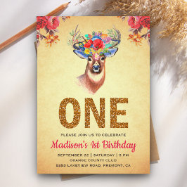 Rustik blomster boho hjort första födelsedagsinbju inbjudningar