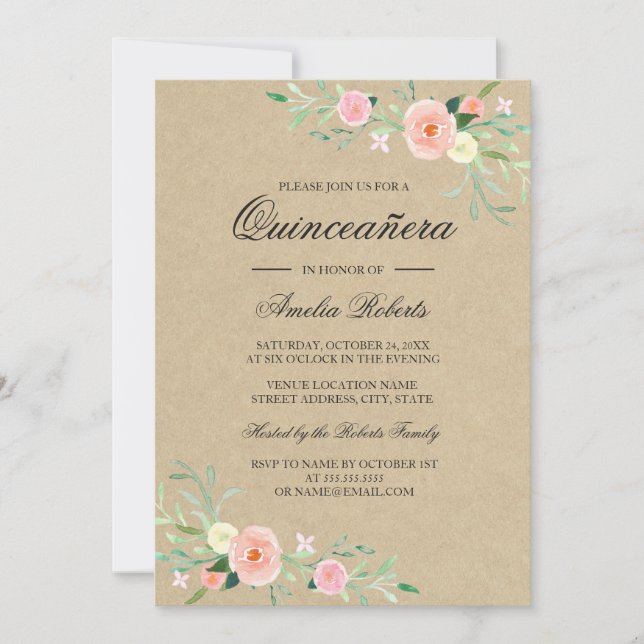 Rustik blomster boho Quinceanera-inbjudan Inbjudningar (Framsida)
