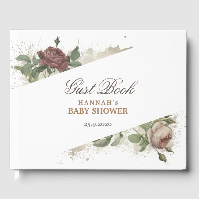 Rustik blomster burgunder marsala modern baby show gästböcker (Framsida)