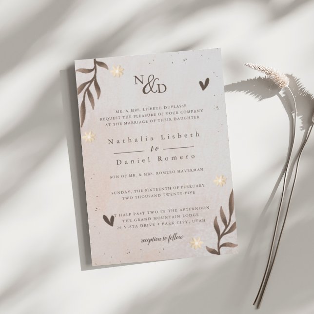 Rustik blomster, elegant skrivstil, vattenfärgblad inbjudningar (Skapare uppladdad)