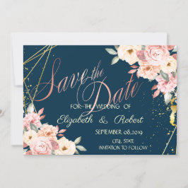Rustik blomster, Guld, Marinblå Save The Date Spara Datumet