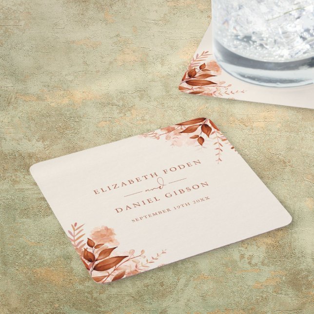 Rustik blomster höst bröllop underlägg papper kvadrat (Rustic Floral Autumn Fall Wedding Square Paper Coaster)