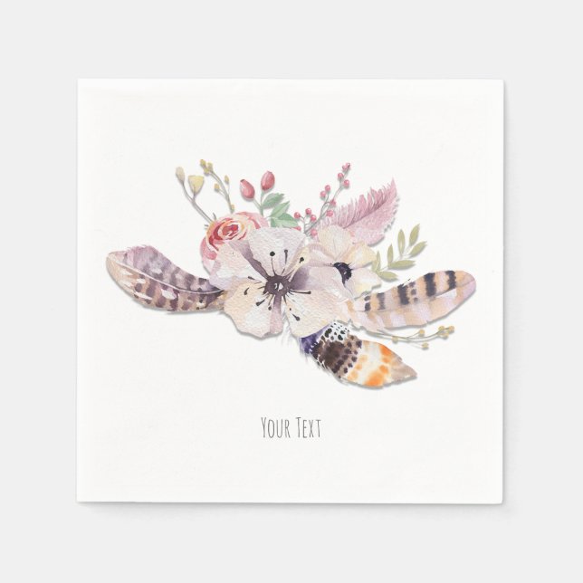 Rustik blomster- och fjäder Boho Chic anpassad fes Pappersservett (Framsidan)