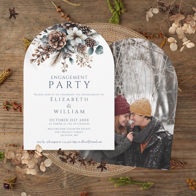 Rustik blomster- och kotteförlovningsfest fotobåge inbjudningar (Rustic Floral Pinecone Engagement Party Photo Arch Invitation)