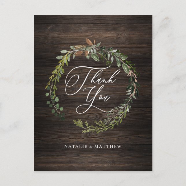 Rustik blomster- och lövverk vattenfärg krans tack vykort (Framsida)