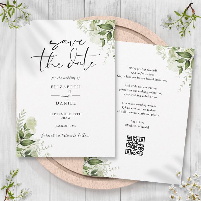 Rustik blomster QR-kod Bröllop Spara Datumet (Rustic Greenery Floral QR Code Wedding Save The Date)