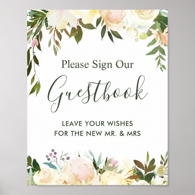 Rustik blomsterbröllop gästbokskylt med grönska poster (Framsidan)