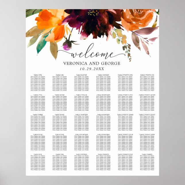 Rustik blomsterbröllop Höst Bröllopsplatskarta Poster (Framsidan)