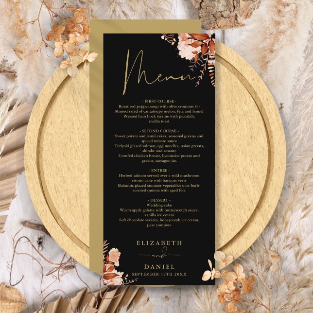 Rustik blomsterbröllop middag i svart och guld meny (Rustic Floral Black And Gold Wedding Dinner Menu)