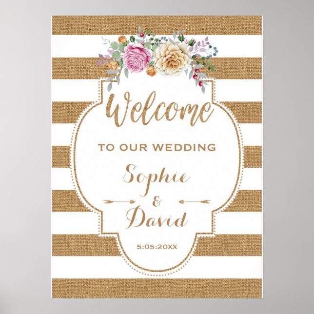 Rustik blomsterduk randig välkomstskylt för bröllo poster (Framsidan)