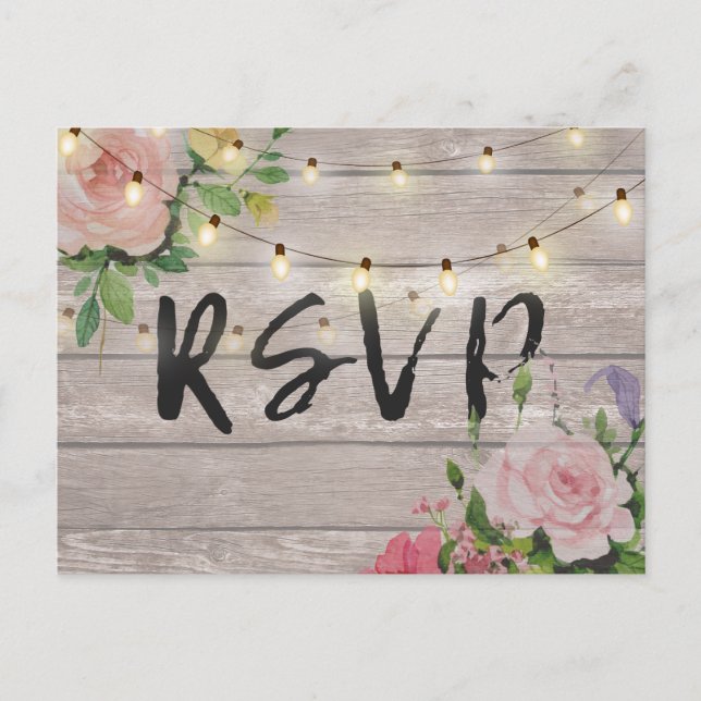 Rustik Blomsterformgivning Trä Sträng Ljus RSVP Sv Inbjudan Vykort (Framsida)