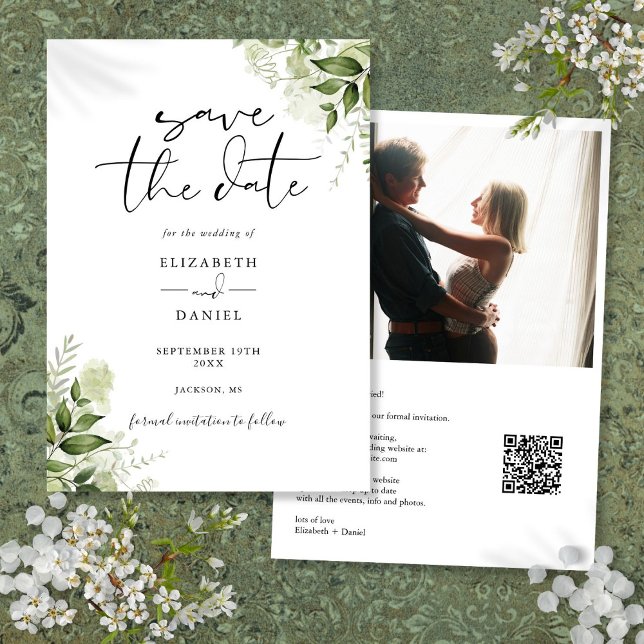 Rustik blomsterfotografi QR-kod bröllop Spara Datumet (Rustic Greenery Floral Photo QR Code Wedding Save The Date)