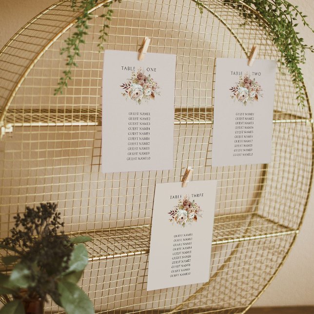 Rustik blomsterhängande bröllops sittplatskort (Wedding table seating chart cards - Rustic Floral Brown Neutral Wedding Collection by Darling & May)