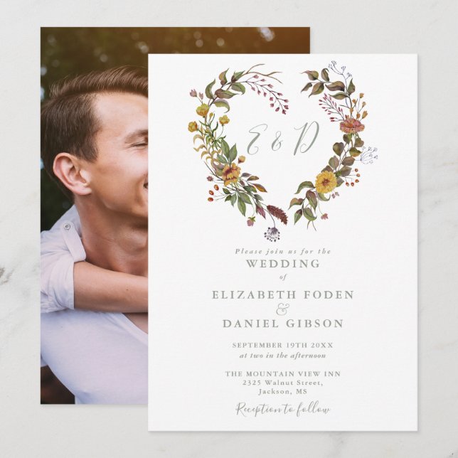 Rustik blomsterhjärta Sagegrön foto bröllopsdekor Inbjudningar (Fram/baksida)
