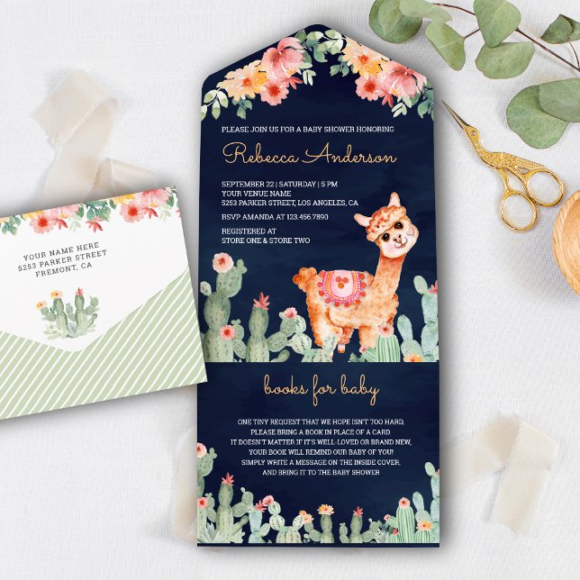 Rustik blomsterkaktus lama marinblå baby shower (Skapare uppladdad)