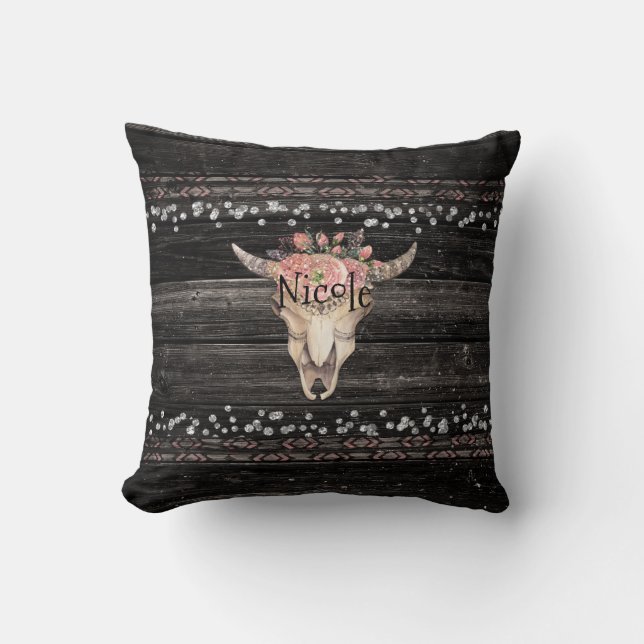 Rustik blomsterko skull boho chic country glam kudde (Framsida)