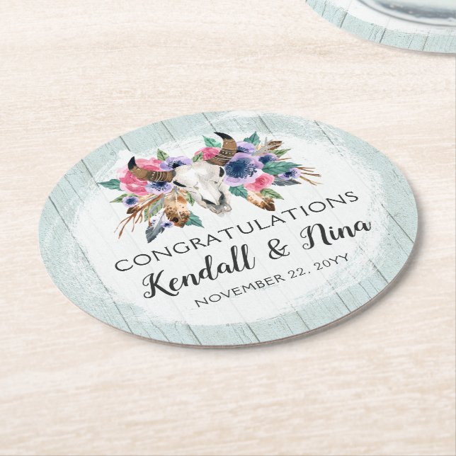 Rustik blomsterko skull vattenfärg boho bröllop underlägg papper rund (Vinklad)